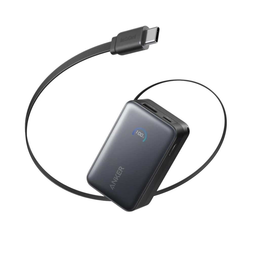 بنك طاقة انكر نانو 10000 ملي أمبير بقوة 45 واط مع كابل USB-C مدمج قابل للسحب - أسود