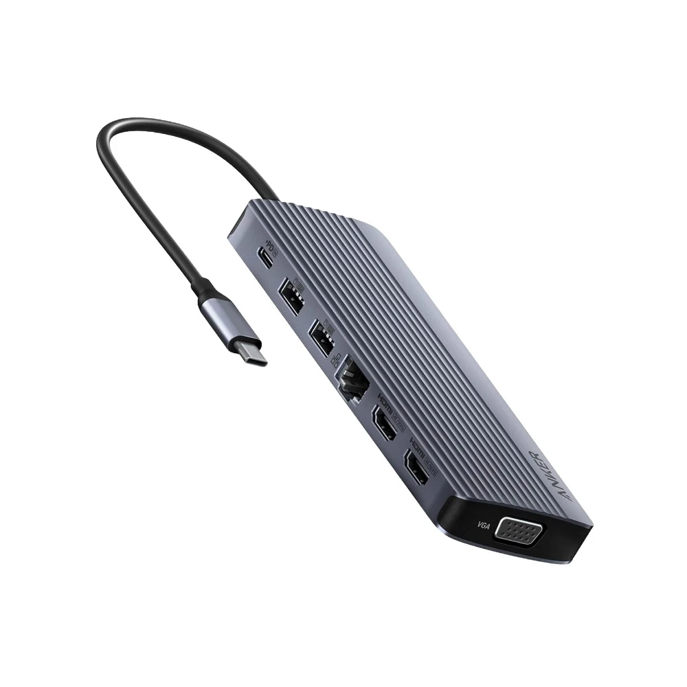 موزع انكر USB-C بـ 14 منفذ مع دعم ثلاث شاشات وشحن تمريري 80 واط - رمادي
