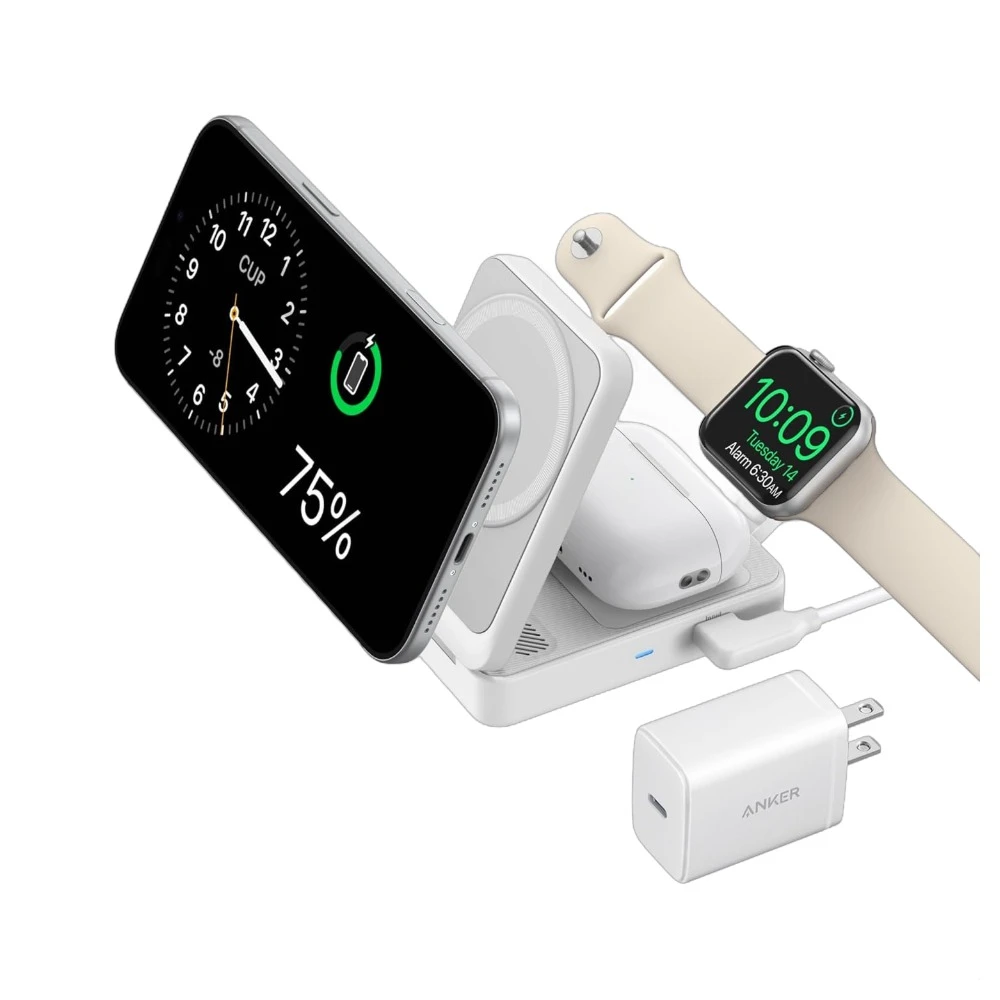 محطة شحن لاسلكي انكر ماغ غو 3 في 1 قابلة للطي بقوة 15 واط Qi2 ودعم MagSafe - أسود