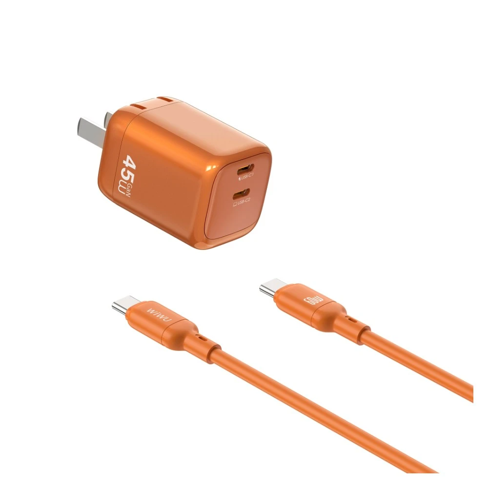 شاحن WiWU Wi-G025 Cube بقوة 45 واط منفذين USB-C — شاحن سفر سريع مع كيبل
