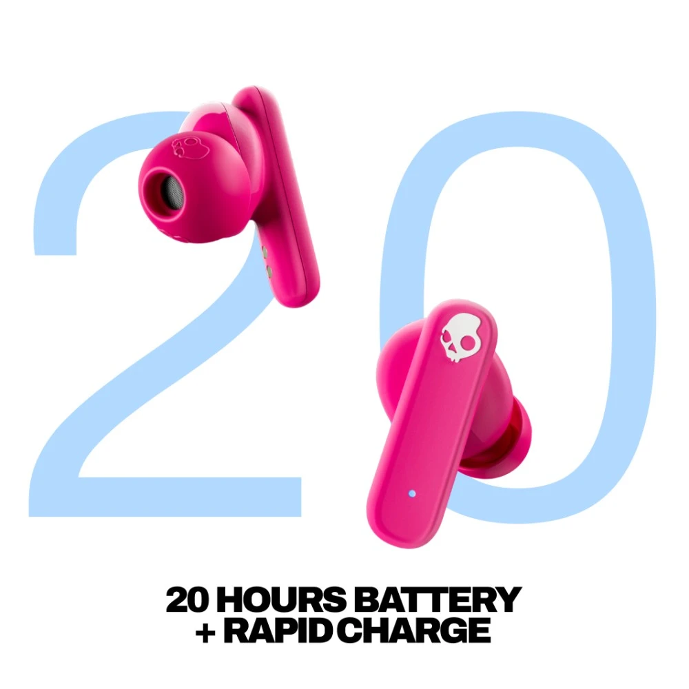 سماعات Skullcandy Smokin Buds لاسلكية — بطارية 20 ساعة، بلوتوث 5.2، وردي