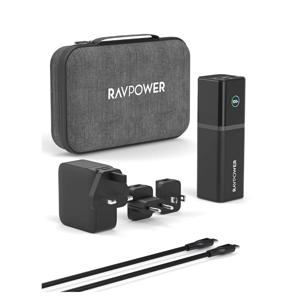 طقم RAVPower RP-PB1243 بقوة 140 واط — باور بانك 12000 مللي + شاحن 140 واط + كيبل 240 واط
