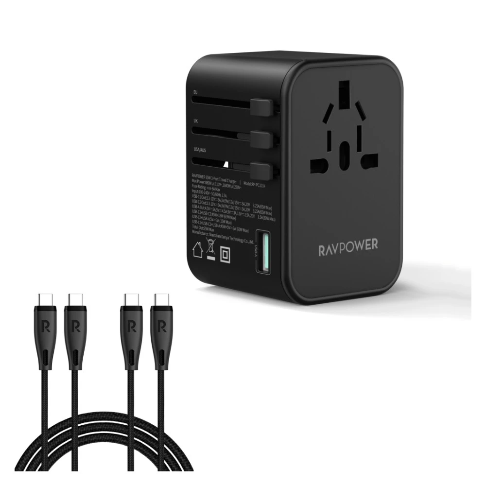 محول سفر RAVPower RP-PC1034 بتقنية GaN بقوة 65 واط — 4 منافذ عالمي