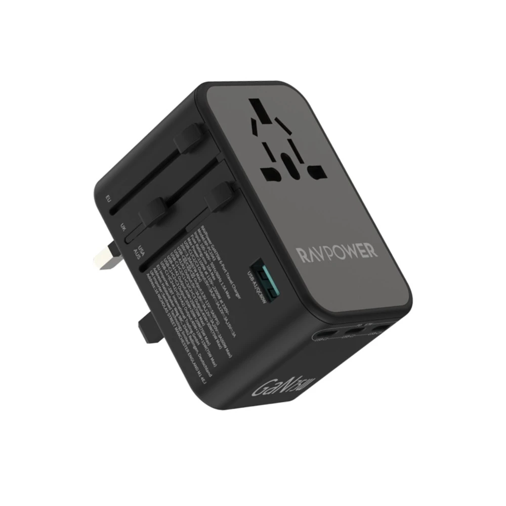 محول سفر RAVPower RP-PC1043 بتقنية GaN بقوة 75 واط — 6 منافذ عالمي