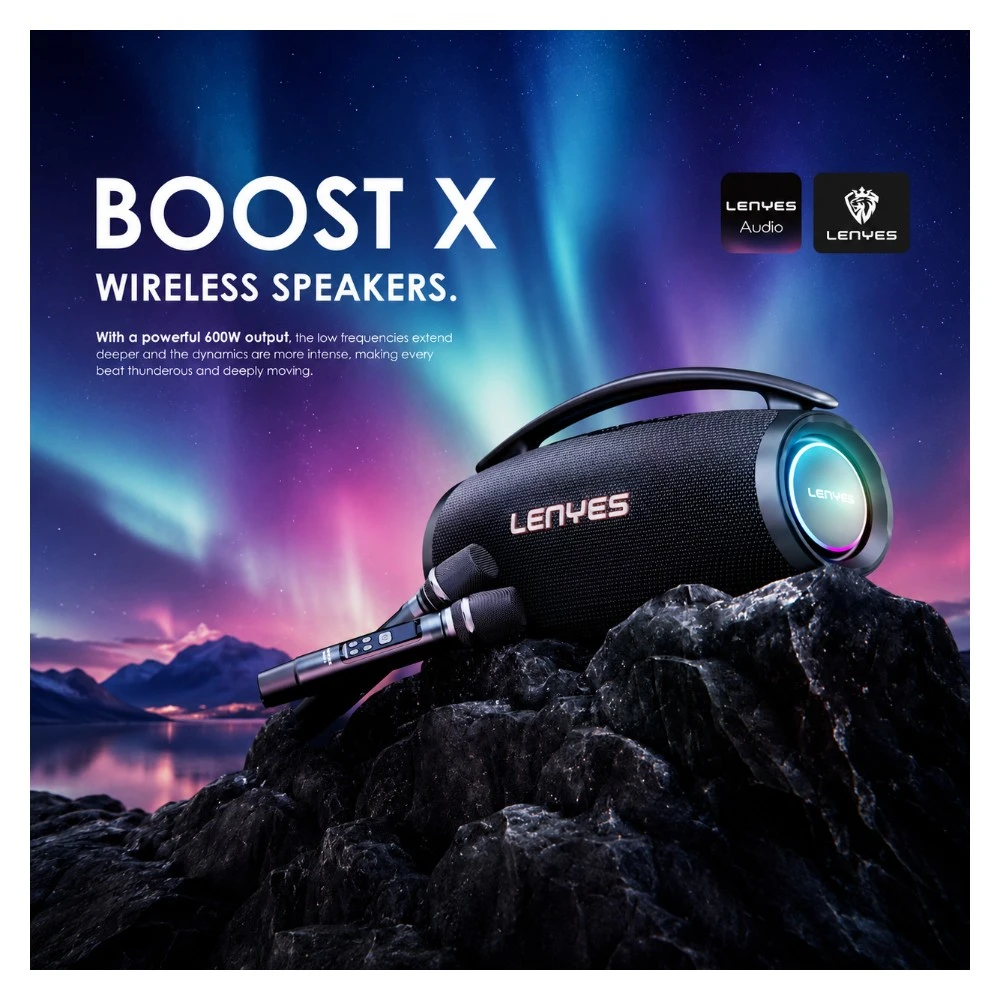 سبيكر حفلات Lenyes Boost X — 600 واط، مقاوم ماء IPX6، جاهز للكاريوكي
